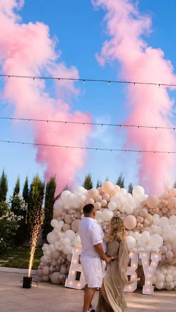 Revelação com fumo cor-de-rosa, parede de balões e letras luminosas no Xarme