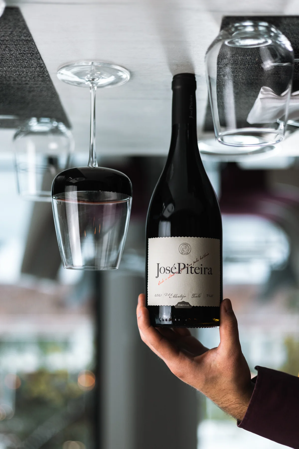 Sommelier com garrafa e copo de vinho